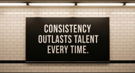 Black banner with the motivational quote Consistency Outlasts Talent Every Time displayed on a white tiled wall