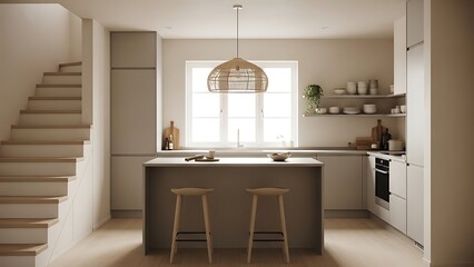 Fototapeta premium Aesthetic neutral kitchen ambiance with staircase and woven pendant light