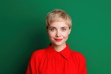 Young woman in red shirt with short blonde hair and bright smile looks directly at the camera against a plain background. Face is slightly angled, creating a friendly impression