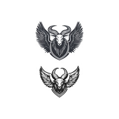 Vintage hand-drawn engraving of a majestic ram's head with large curved horns and eagle wings, set within a circular crest.