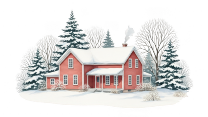 Red house with snow covered roof and trees isolated on transparent background