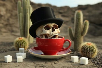 A skull wearing a top hat sits in a red coffee cup with sugar cubes in a desert setting