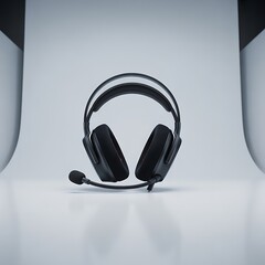 Black gaming headphones with microphone and plush earcups isolated on white background