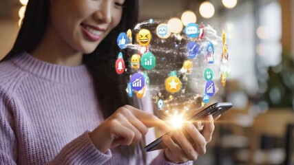 Woman scrolling social media feed with animated emojis, likes, comments, and notifications on her smartphone in a modern cafe setting - Powered by Adobe