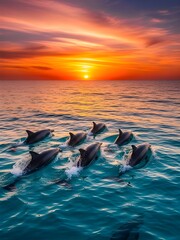 A group of dolphins swimming in the ocean at sunset with a vibrant orange and yellow sky