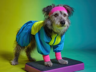 Furry dog wears a vibrant blue and yellow tracksuit with pink accessories, standing on a black exercise platform. Energetic and stylish, it exudes a sporty, playful vibe