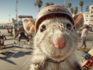 Cute close-up of a furry rodent wearing a small helmet, with curious eyes and pink nose. Outdoor setting, palm trees and people slightly blurred in the background, suggesting movement