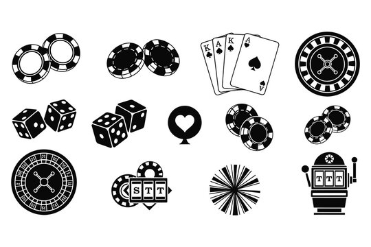 casino icons including poker chips dice cards and slot machines in black and white