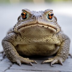 Closeup of a warty toad with bright orange eyes on a stone surface