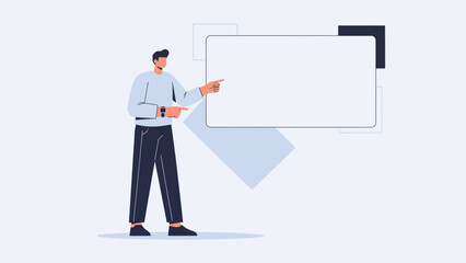 Man pointing at blank whiteboard, presentation, ideas, planning, strategy, business concept