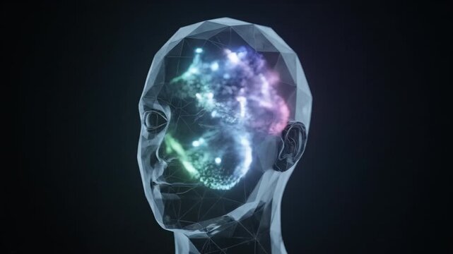 Transparent head with glowing neural cloud profile abstract human head silhouette with glowing neural network inside brain showing colorful light nodes and connections transparent human head