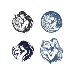 Obraz premium Collection of vintage hand-drawn engravings featuring a beautiful woman embracing a majestic wolf in a circular composition.