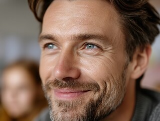 Obraz premium A smiling man with light blue eyes and brown hair, featuring fine facial detailing and wrinkles, looks into the distance. The background is softly blurred with warm tones