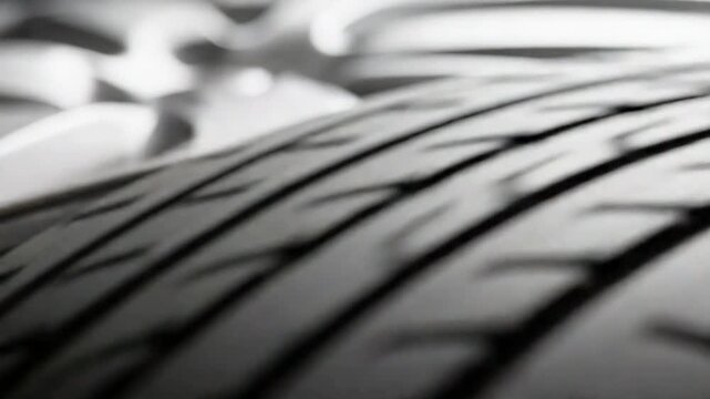 Close-up shot of a car tire showing the tread pattern in black and white.