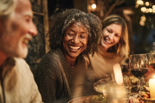 Stock photo of A diverse group of friends laughing at a dinner party, style of Authentic Imperfection, Flash photography, Unposed, soft focus background, realistic lighting, natura