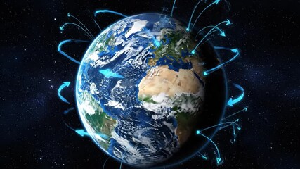 Blue arrows encircle realistic earth globe space illustrating atmospheric circulation, glowing wind airflow streams and cloud formations around continents with glowing blue data streams - Powered by Adobe