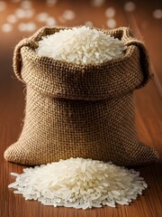 Brown burlap sack filled with white rice grains on a wooden surface with spilled rice