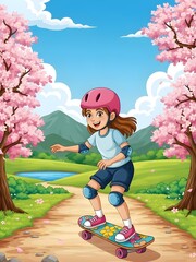 Girl skateboarding on a path surrounded by blooming cherry blossom trees in a scenic landscape