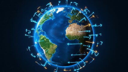 Globe with animated airflow arrows circling ocean and continents illustrating wind patterns and atmospheric circulation illuminated atmosphere and glowing directional arrows showing global data flow - Powered by Adobe