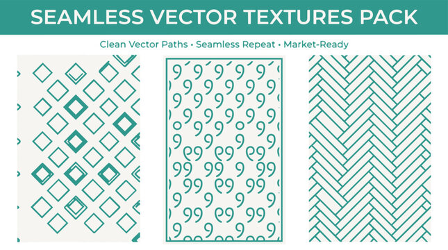 Seamless vector textures pack featuring geometric diamond, number nine, and herringbone patterns in teal.