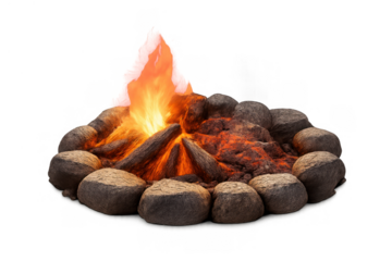 Campfire burning orange flames, glowing embers, natural wood logs, encircled with round stones, transparent background