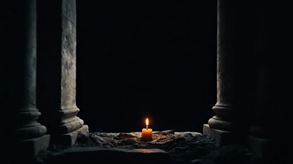 A single bright candle flame burns with unwavering intensity amidst stone pillars and darkness, symbolizing hope and remembrance.