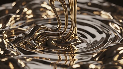 Luxury liquid splash creating ripples in golden fluid from above viewpoint
