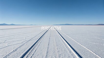 Expansive salt flat landscape under a clear blue sky with tire tracks.