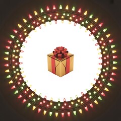 A golden gift box with a red ribbon bow centered within a circular frame of colorful lights