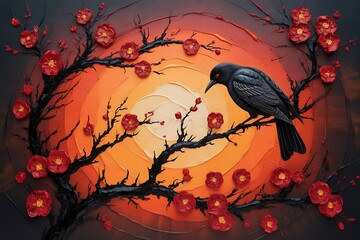 A black bird perched on a blossoming branch against a vibrant sunset
