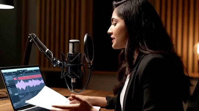 Woman Recording Voiceover in Studio with Microphone and Laptop.