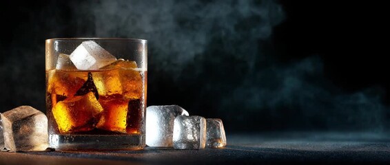 A glass of liquor with ice cubes in it. The ice cubes are scattered around the glass, and the glass is almost full. Concept of relaxation and enjoyment, as the ice cubes suggest a cool - Powered by Adobe