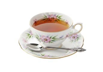 Vintage Style Porcelain Teacup and Saucer with Pink Floral Pattern Filled with Black Tea and Spoon