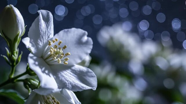 Delicate White Jasmine Flower in Bloom with Soft Bokeh Background
