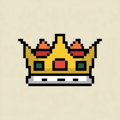 Pixel art illustration of a golden crown with colorful jewels on a light background