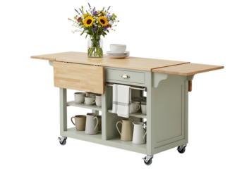 Mobile Kitchen Island Cart on Wheels with Wooden Drop-Leaf Top, Storage Shelves, and Decorative Flower Vase