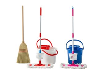 Professional House Cleaning Equipment Set with Traditional Straw Broom, Red and Blue Mop Buckets, and Microfiber Mops Isolated on White