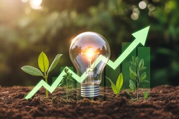 Lightbulb with growing plant and upward arrow symbolizing business growth
