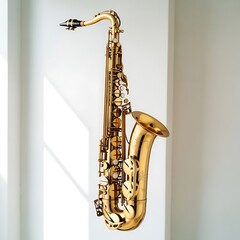 Golden saxophone, a classic brass instrument, detailed and elegant