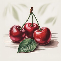 Three ripe red cherries with a green leaf on a wooden surface, isolated on white background