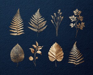 The plants and leaves, embossed in gold foil, are delicately pressed onto a textured dark blue paper background, creating a harmonious blend of retro elegance and modern luxury design.