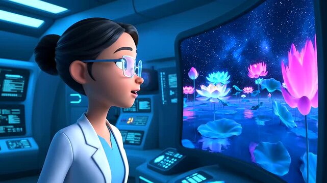 Animated female scientist in a futuristic lab observes breathtaking digital visualizations of glowing lotus flowers, symbolizing cutting-edge AI drug discovery and scientific innovation.