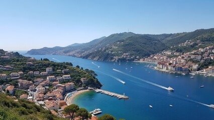Scenic coastal town with boats sailing in deep blue water surrounded by lush green mountains