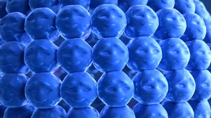 Futuristic visualization of blue, smiling cellular structures forming a complex organism, symbolizing advancements in AI drug discovery and the assembly of therapeutic solutions. - Powered by Adobe