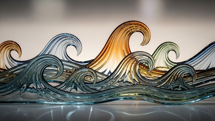 Abstract glass waves flowing in a dynamic, swirling motion on a reflective surface
