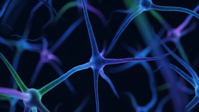 Blue neuron network connecting across dark background creating glowing synapse pattern with subtle purple and green highlights futuristic biological concept evoking connectivity and electric blue