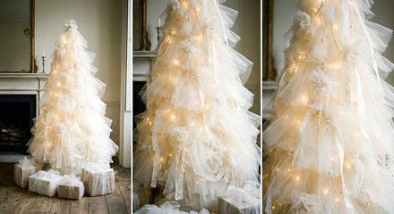 Whimsical White Tulle Christmas Tree with Soft Warm String Lights and Shabby Chic Decor