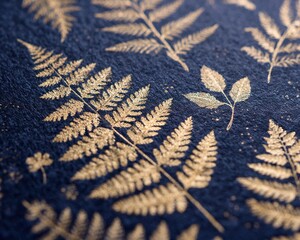 The plants and leaves, embossed in gold foil, are delicately pressed onto a textured dark blue paper background, creating a harmonious blend of retro elegance and modern luxury design.
