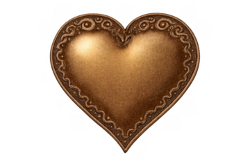 Vintage bronze heart with ornate filigree border symbolizing love, romance, and antique charm on a transparent background