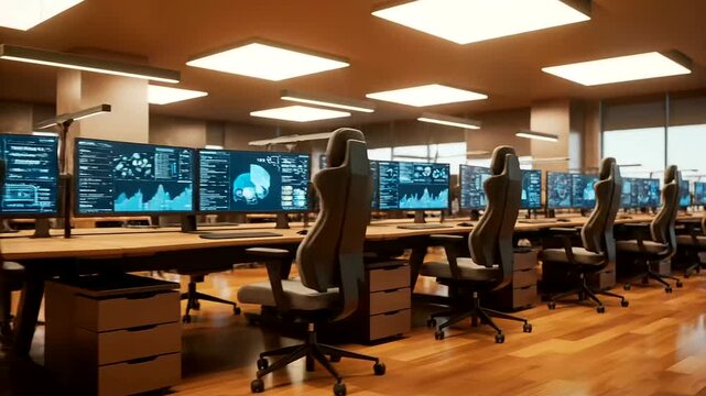 High-tech empty office with multi-monitor workstations and ergonomic workspace design, displaying dynamic data visualizations for an advanced analytical environment.